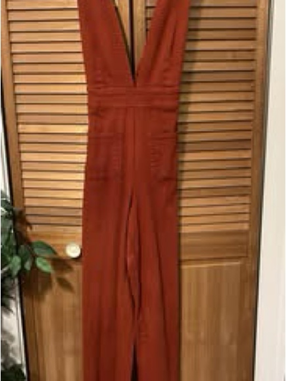 Dollhouse Rust-Red Deep V Wide-Leg Jumpsuit